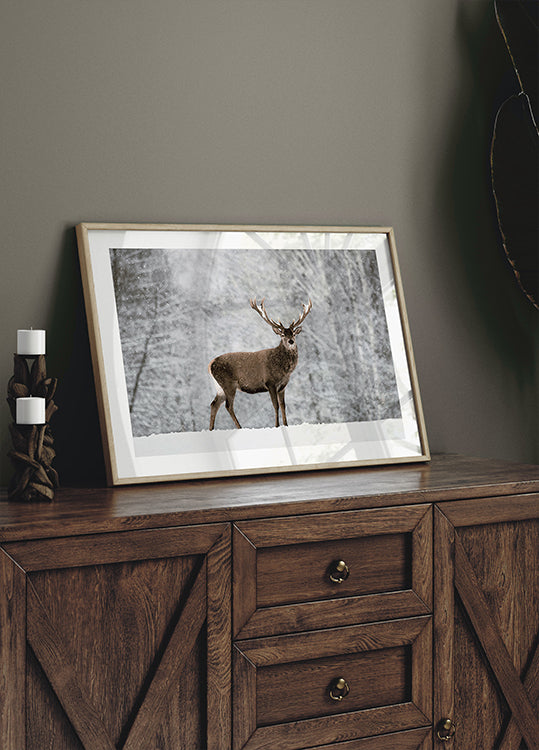 Majestic Deer in Snowy Forest Poster