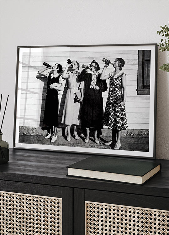 Vintage Women Drinking Beer Black & White Poster
