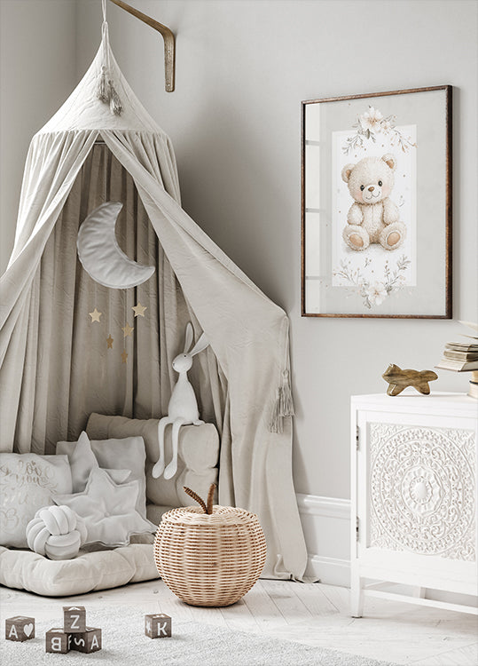 Soft Teddy Bear Floral Nursery Pastel Poster
