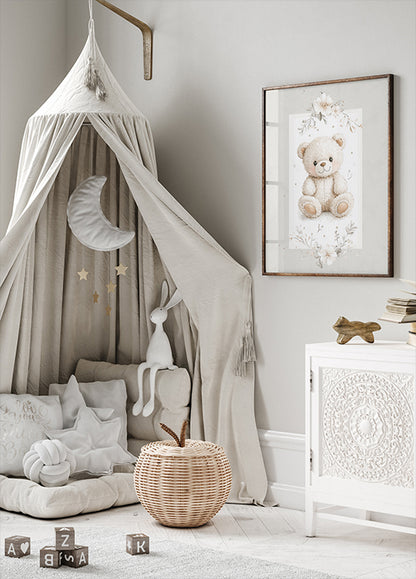 Soft Teddy Bear Floral Nursery Pastel Poster