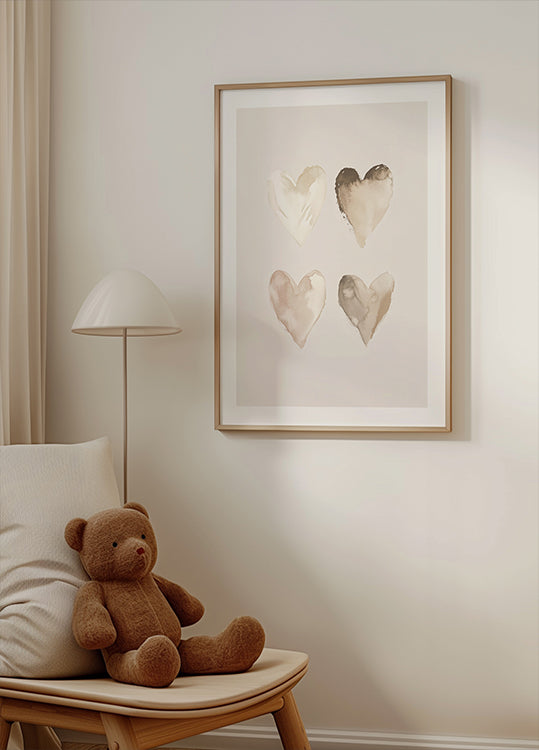 Neutral Watercolor Hearts, Beige Tones, Kids Poster