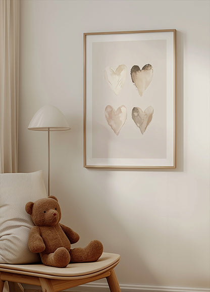 Neutral Watercolor Hearts, Beige Tones, Kids Poster