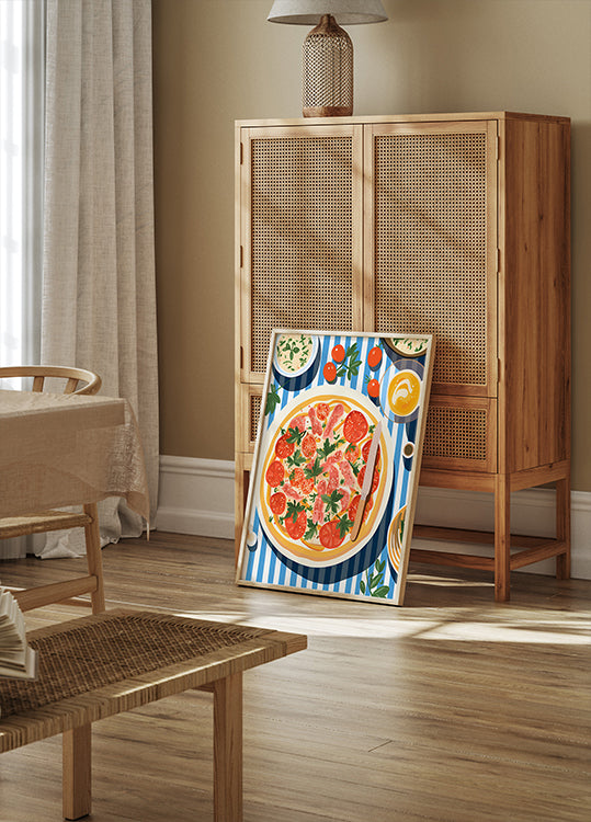Italian Pizza, Tomato Parsley Topping, Striped Table Poster