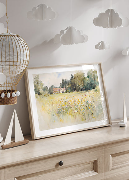Wildflower Meadow, Country Cottage, Summer Landscape Watercolor Poster
