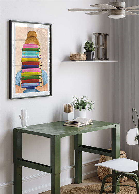 Girl With Stack of Books Poster, Pastel Book Lover Wall Art, Cute Reading Illustration Print for Library or Study Room Poster