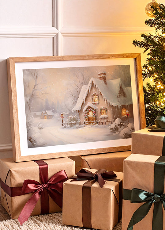 Snowy Cottage at Dusk Poster