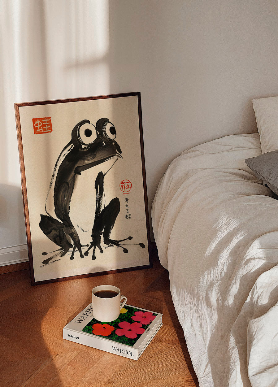 Thoughtful Frog, Japanese Sumi-e Illustration Poster