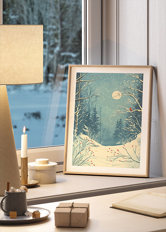 Red Bird in Snowy Forest Poster