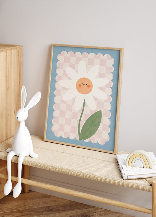 Smiley Flower On Pastel Checkered Background Poster