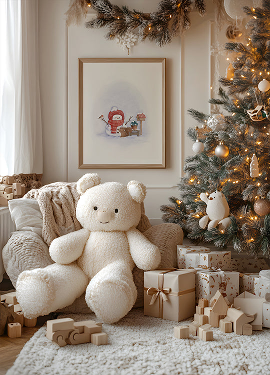 Snowman & Squirrel Winter Scene Poster