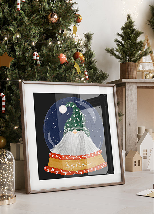 Christmas Santa Gnome Snow Globe Poster