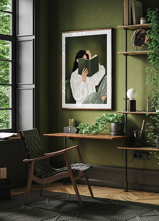 Woman Reading Poster Print, Emerald Green Wall Art, Modern Minimalist Living Room Decor, Book Lover Gift Poster
