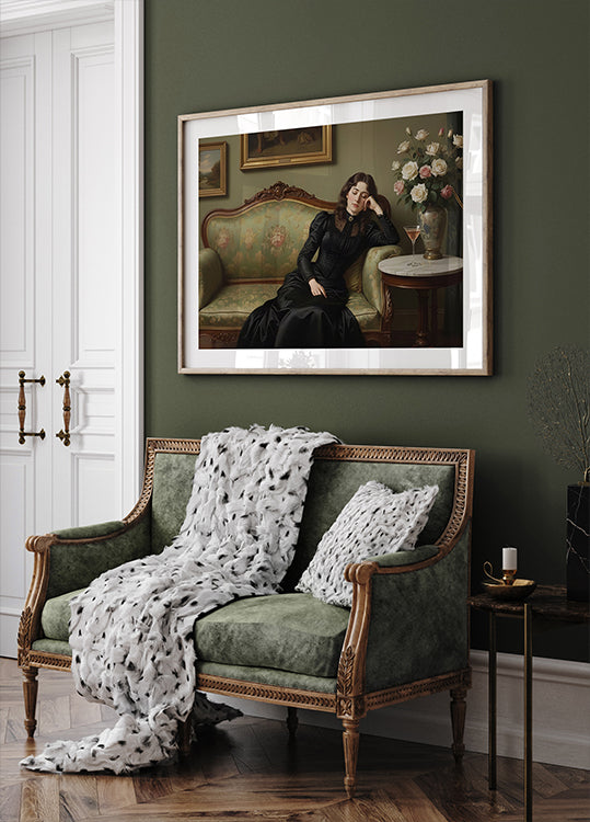 Victorian Woman Martini Oil Painting Print, Dark Academia Decor, Vintage Gothic Wall Art, Cocktail Bar Cart Art, Baroque Portrait Print Poster
