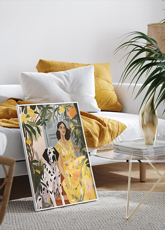 Lady in Yellow with Dalmatian, floral summer portrait Print Poster