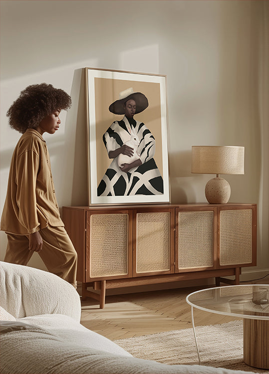 Woman In Stripes Holding a White Rabbit Poster