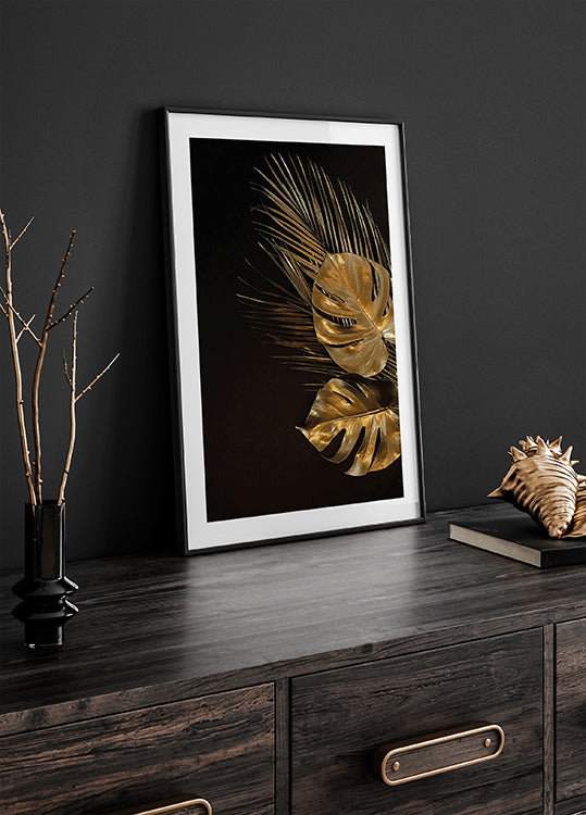 Golden Monstera & Palm Leaf I Poster