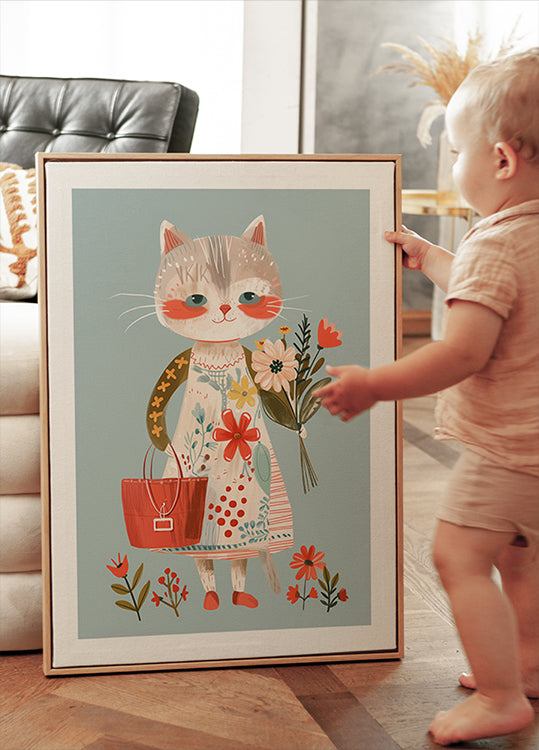 Cat in Floral Dress Holding Flowers Poster