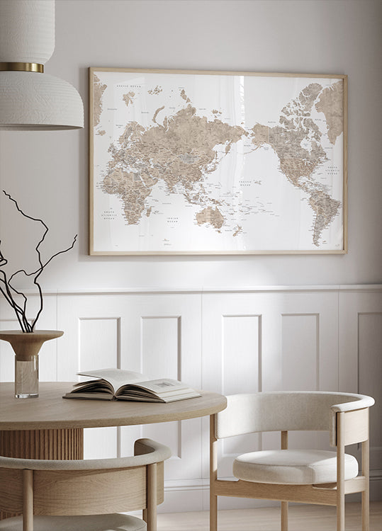 Pacific centered world map in taupe Poster
