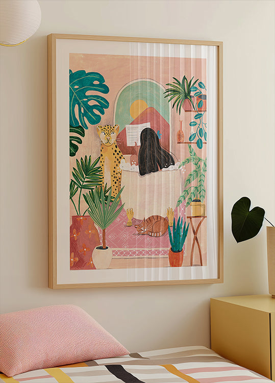 Woman taking bath in pink tropical bathroom