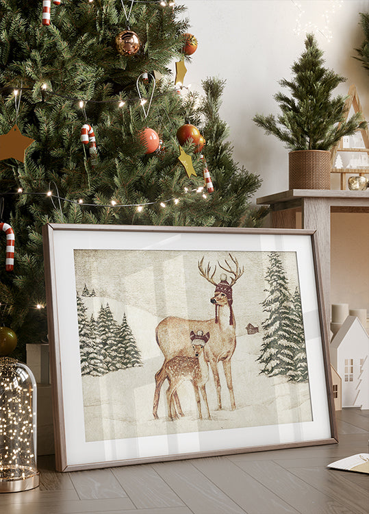 Deer Wearing Cozy Hats Poster