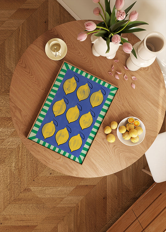 Vibrant Yellow Lemons on a Deep Blue Poster