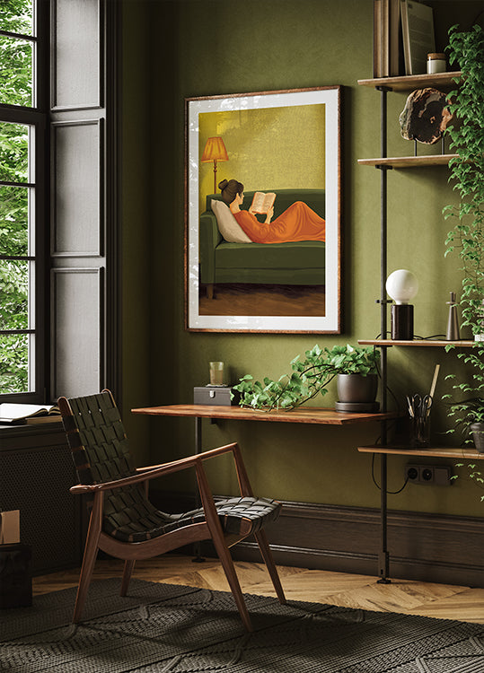 Minimalist Green Portrait Woman Reading | Earth Tones | Vintage European | Bedroom Wall Decor | Female Abstract Print | Book Lover | Emerald