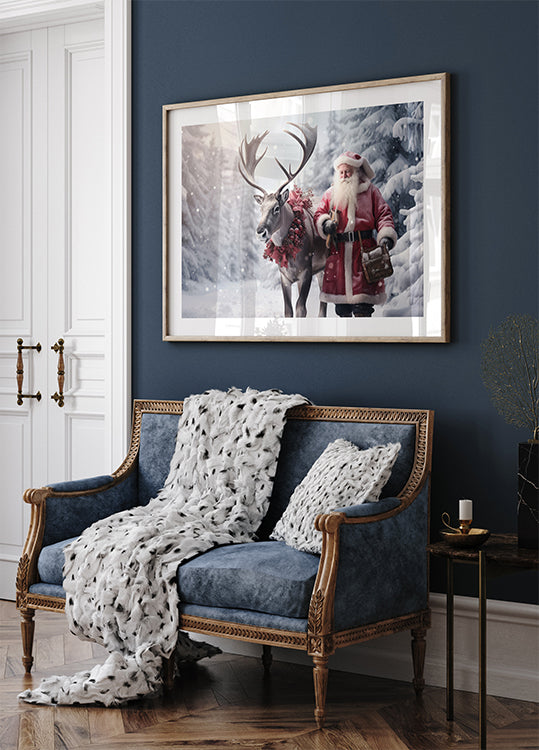 Santa Claus and Reindeer in Snow Poster