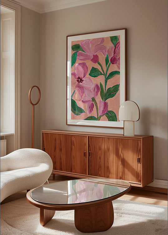 Pink Flowers With Bold Green Leaves Poster