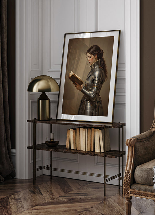 Victorian Woman Knight Reading a Book Vintage Wall Art Print, Book Lover Gift, Library Art Print, Dark Academia Decor Poster