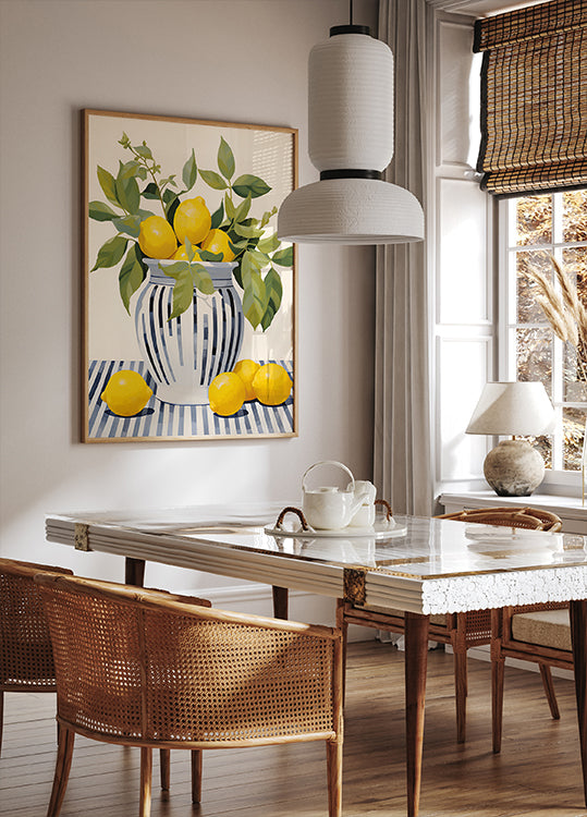 Lemons in a Striped Vase, Mediterranean Still Life Poster