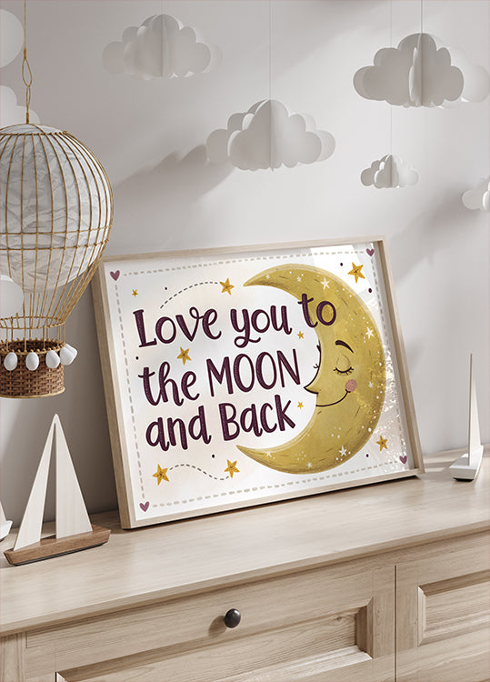 To The Moon And Back Handdrawn Print | Cute Moon Wall Art, Retro Nursery Quote, Whimsical Childrens Bedroom Decor, Fun Retro Mid Century Art Poster