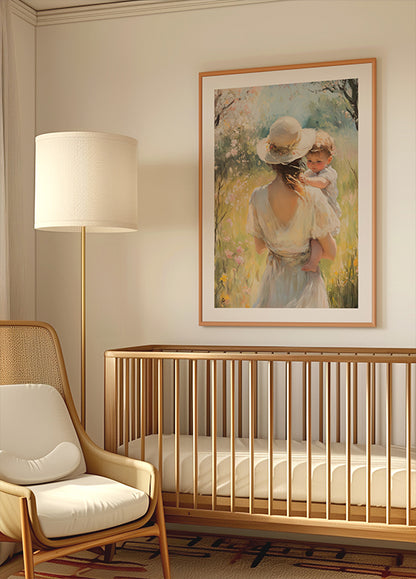 Mother and Child in Floral Meadow, Vintage Style Kids Poster