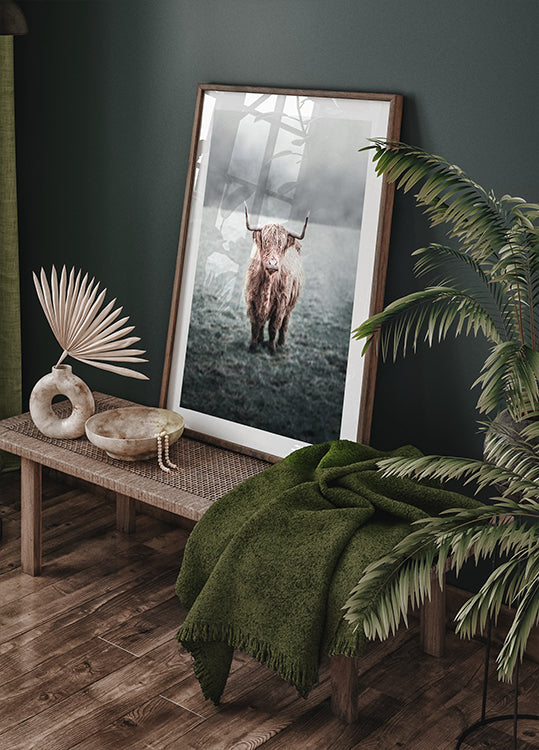 Majestic Highland Cow in Misty Field Poster