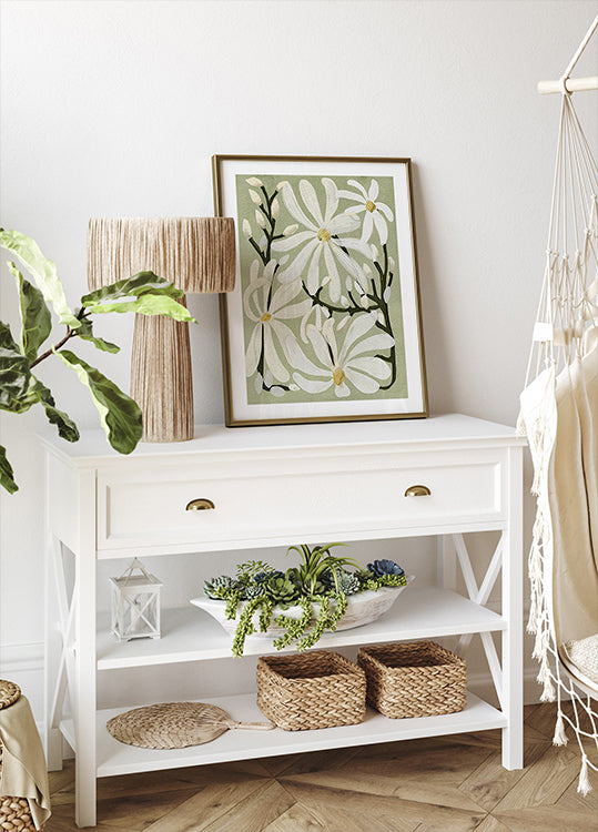 Star Magnolia Florals on Sage background Poster