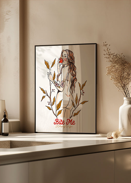 Bite Me Sexy Pin-Up Girl Eating An Apple Poster