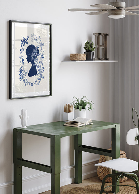 Floral Silhouette, Girl in Bloom, Indigo Botanical Poster