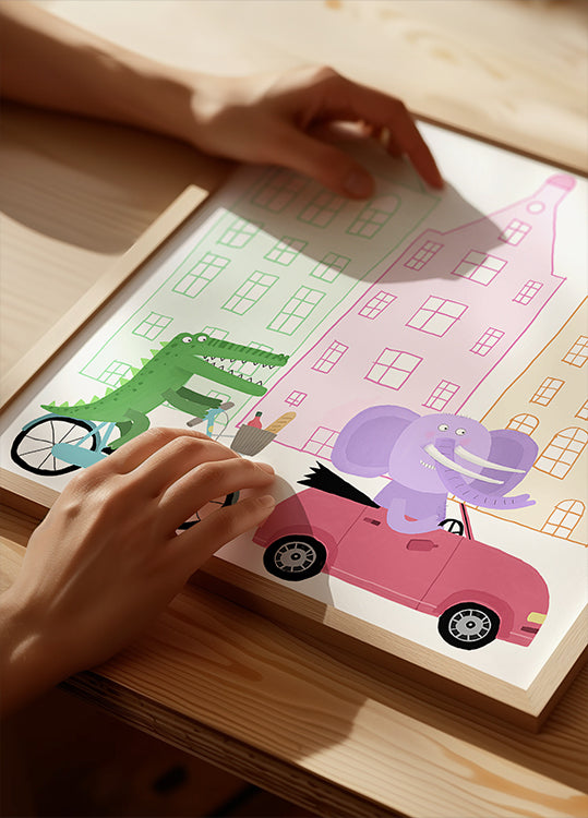 A Crocodile on a Bicycle and an Elephant in a Car Poster