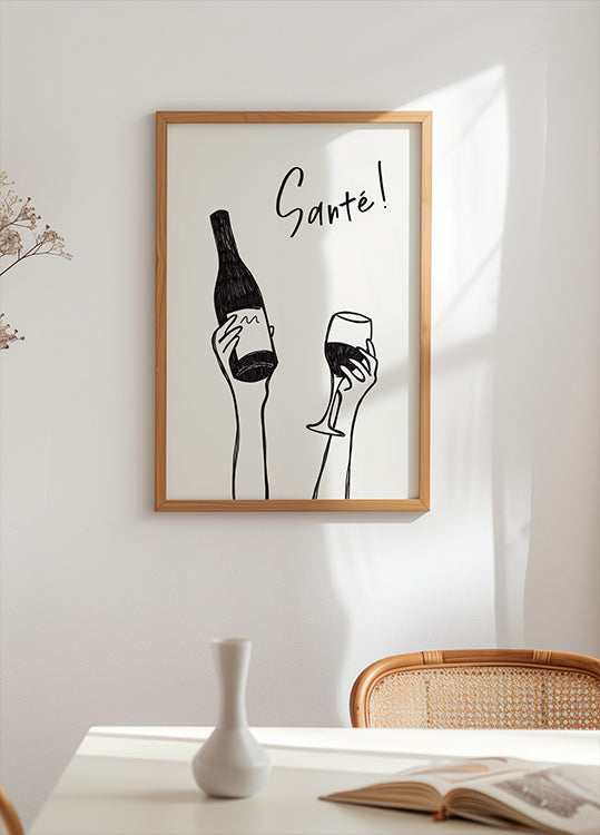 Hands holding a wine bottle and a wine glass with the text &quot;Cheers!&quot; in French Poster