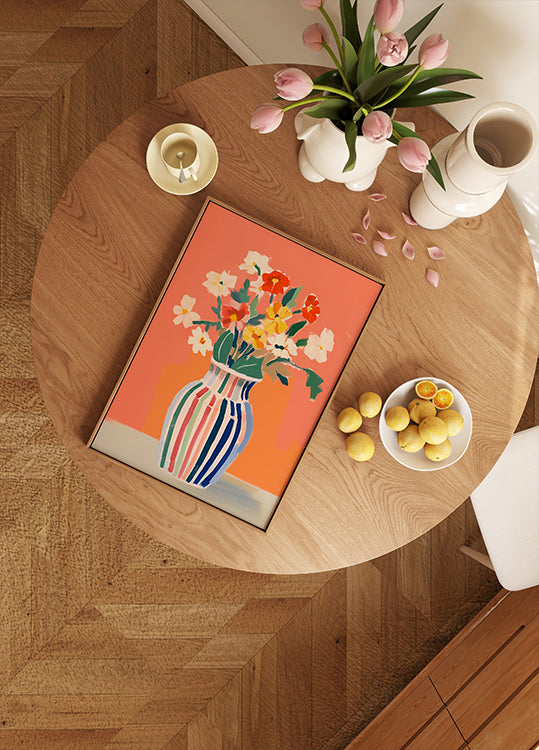 Wildflowers, Striped Vase, Coral Background Poster