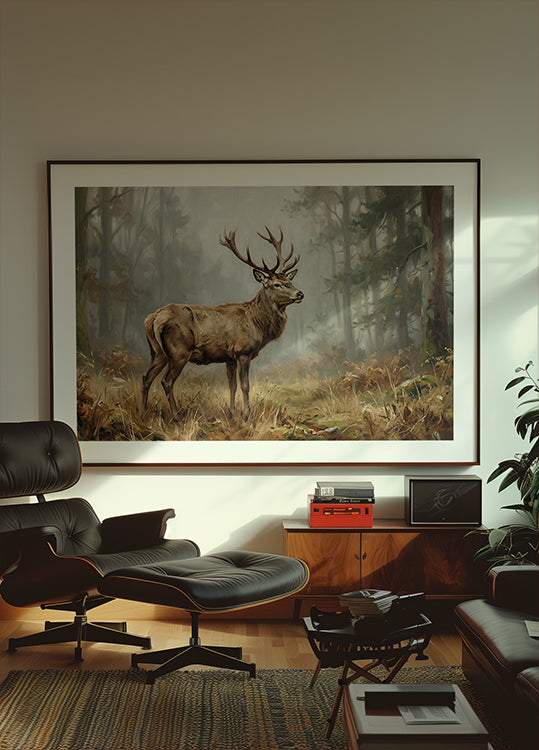 Rustic Deer Landscape Painting for Man Cave Hunting Decor Dark Brown Wall Art Cabin Decor Vintage Woodland Room Antique Forest Art Print Poster