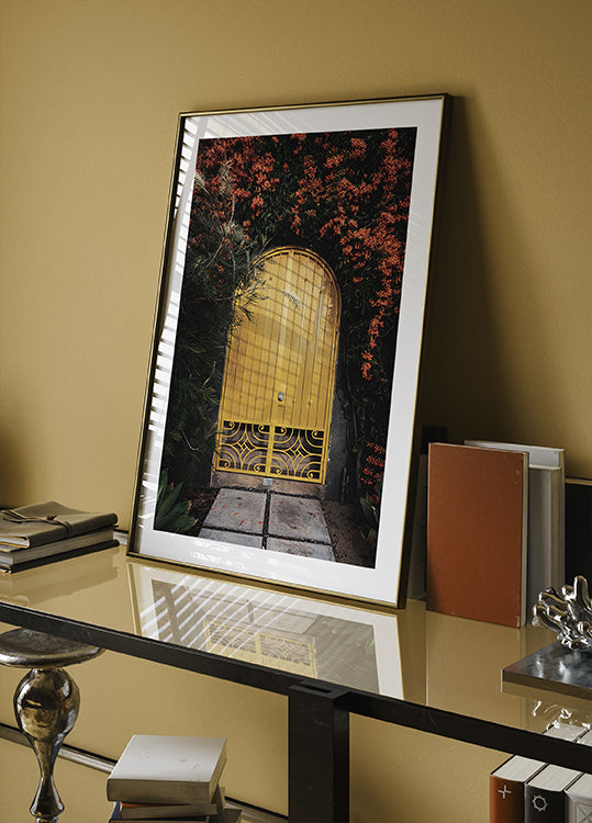 Yellow Door with Orange Flowers Poster