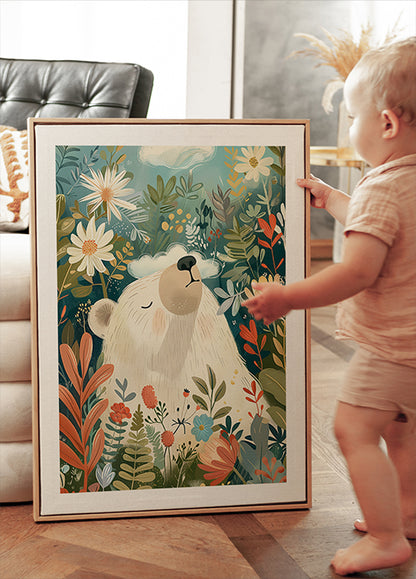 Dreamy Polar Bear In Floral Garden Poster