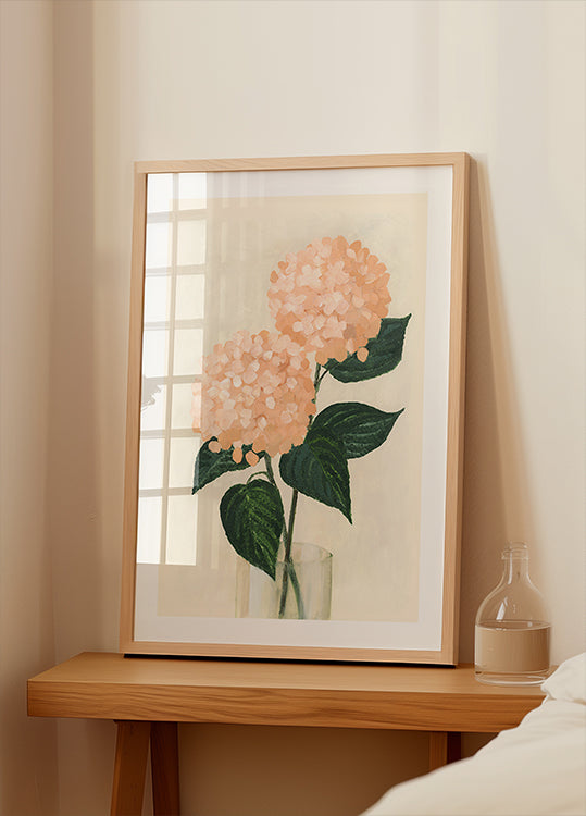 Coral hydrangeas in a vase Poster