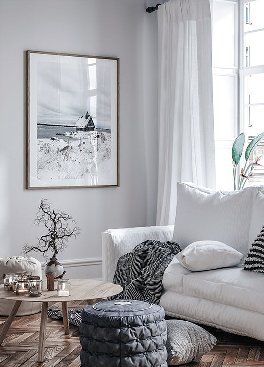 Isolated Winter Cabin by the Frozen Lake Poster