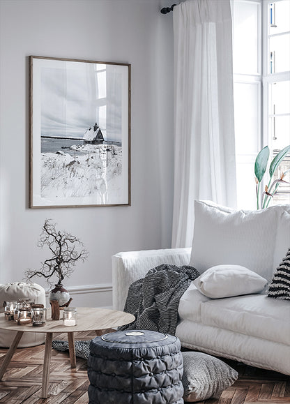 Isolated Winter Cabin by the Frozen Lake Poster