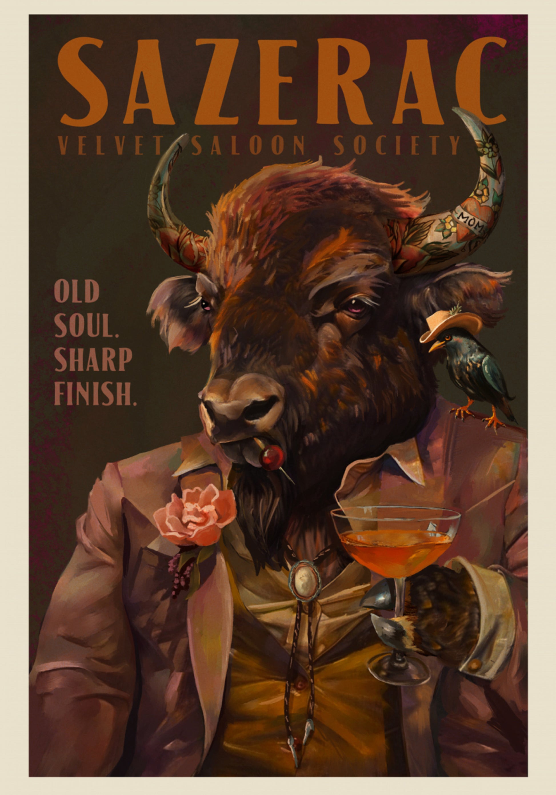 Buffalo Drinking Sazerac Cocktail. Alcohol &amp; Liquor Bar Art