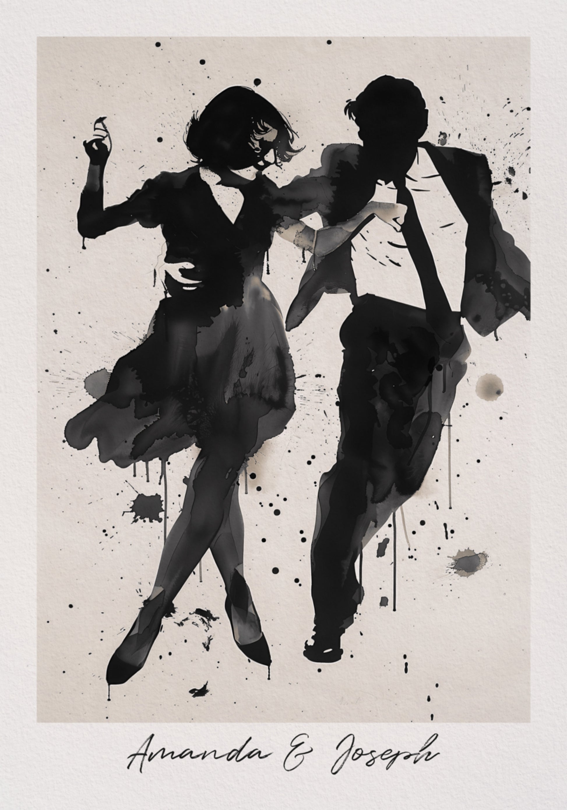 Silhouette of Dancing Couple Ink Art