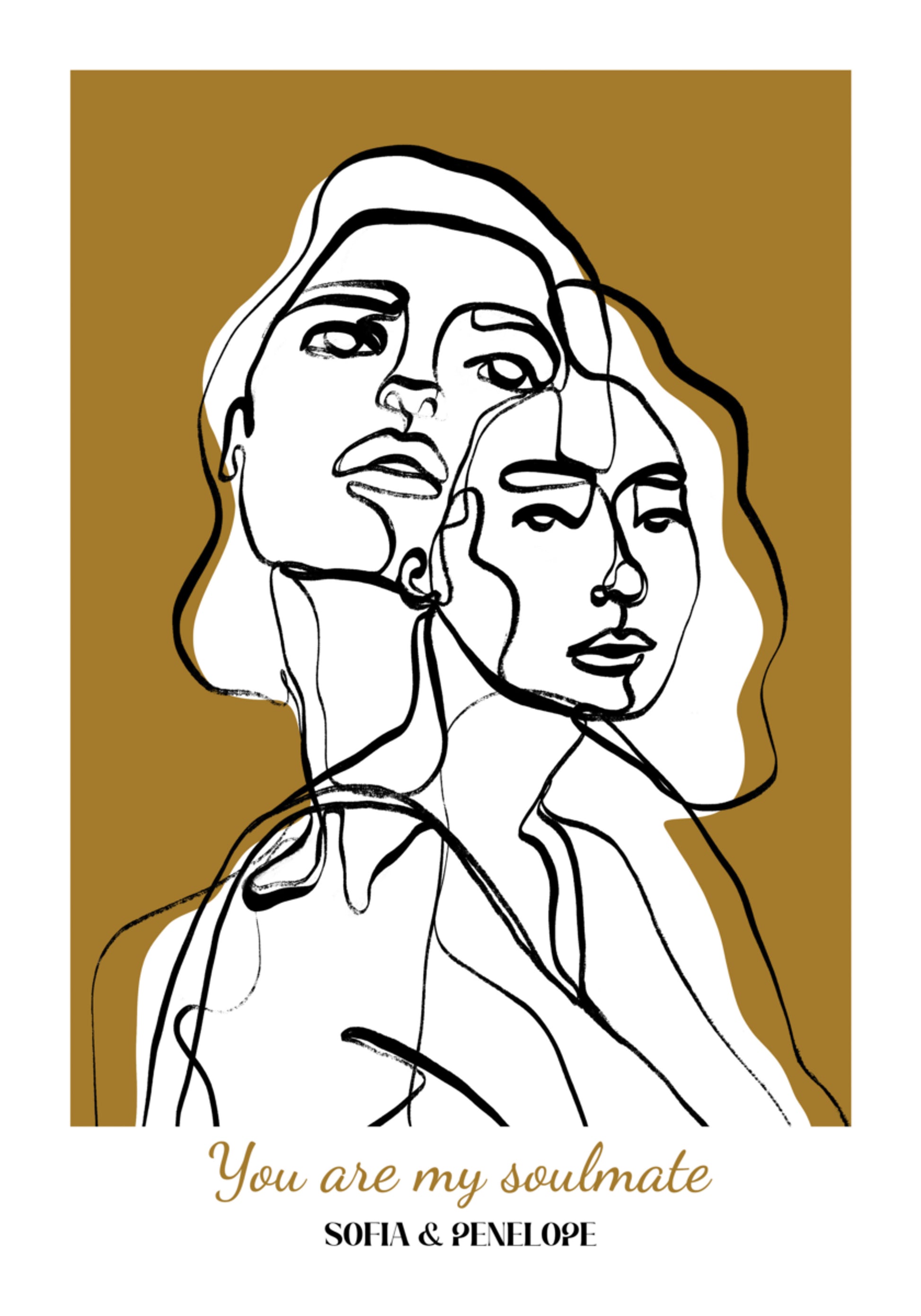 Non-personalized Abstract Line Art Portrait of Two Women with Soulmate Quote