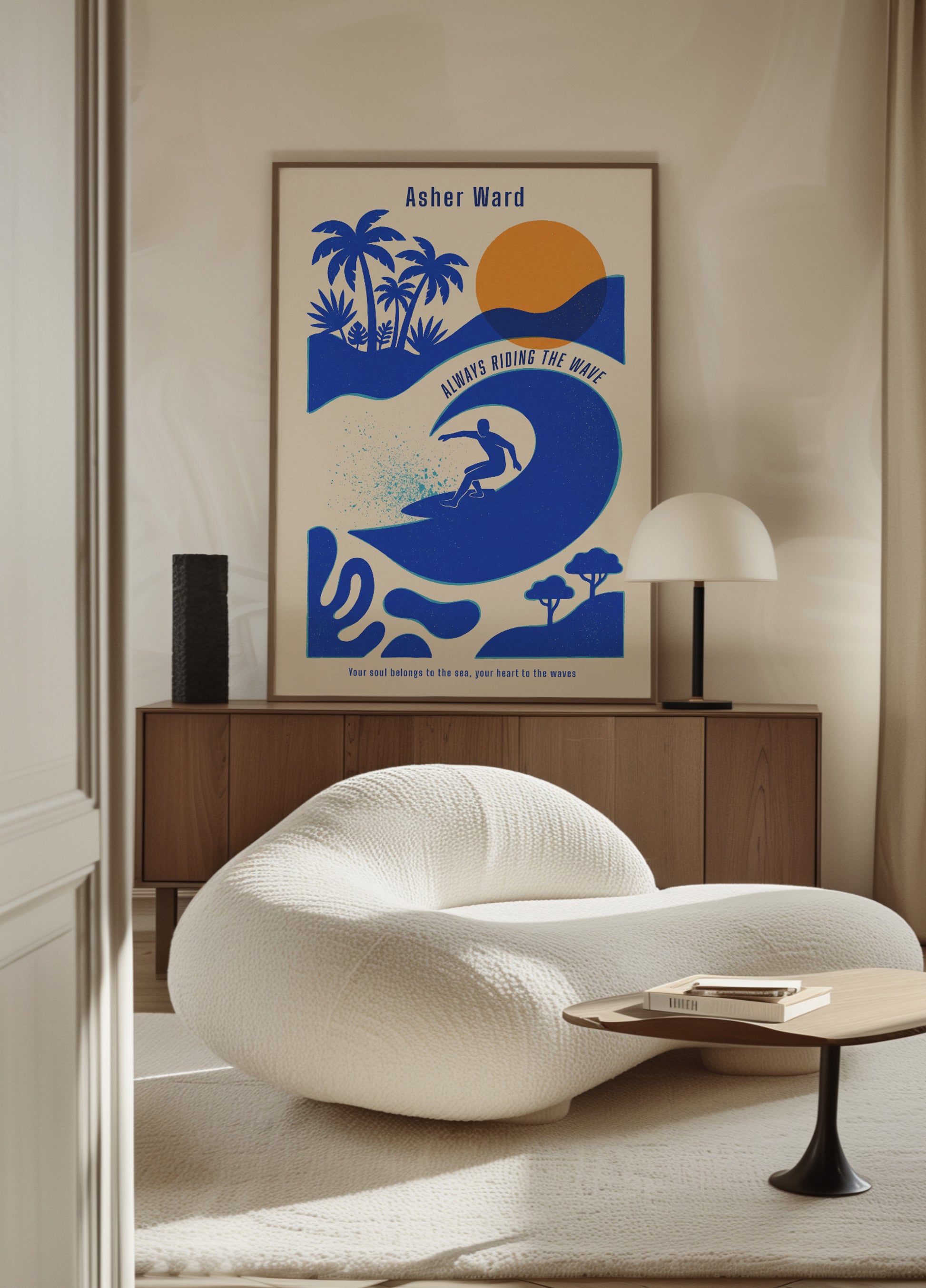 Surfer Riding a Wave with Tropical Vibes