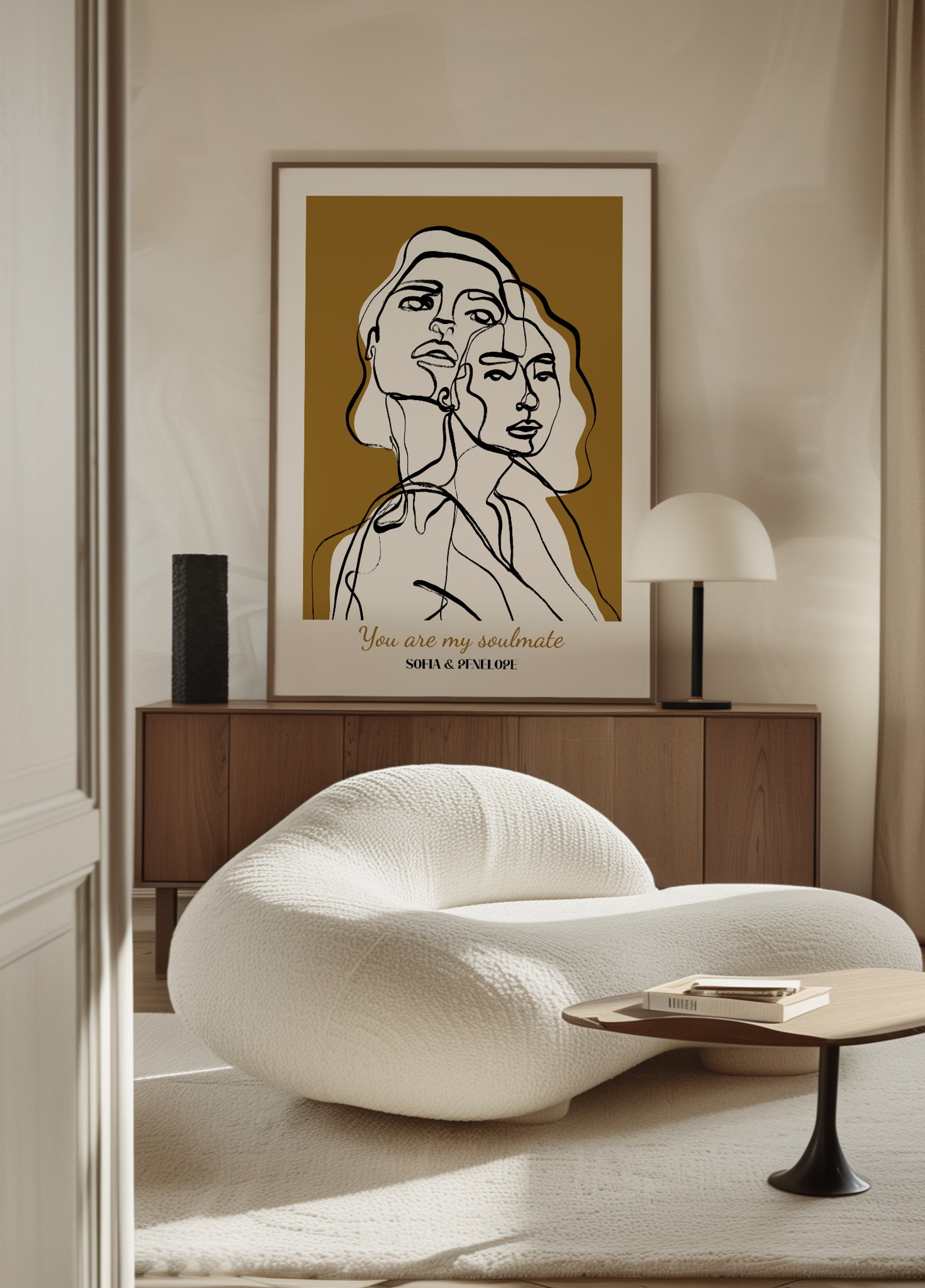 Non-personalized Abstract Line Art Portrait of Two Women with Soulmate Quote